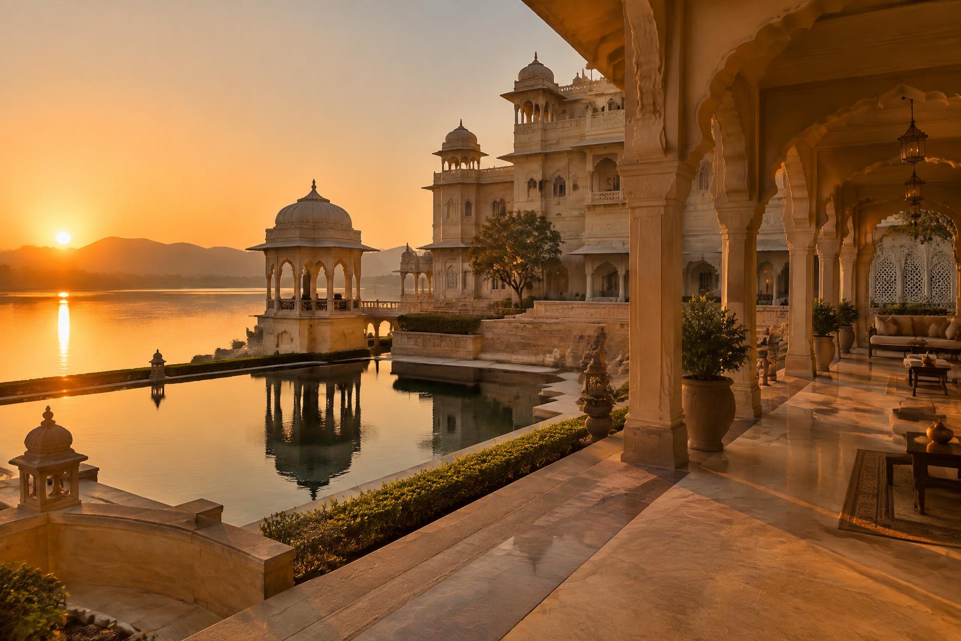A Rajasthan landscape with palace-style architecture at golden hour