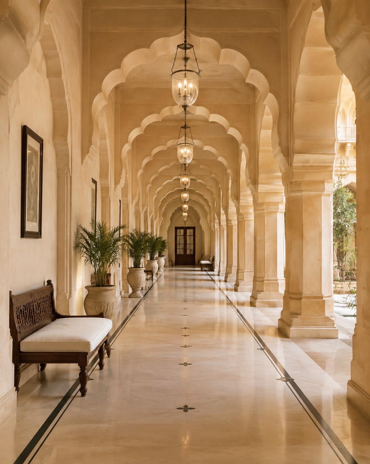 A heritage palace hotel in India at dusk