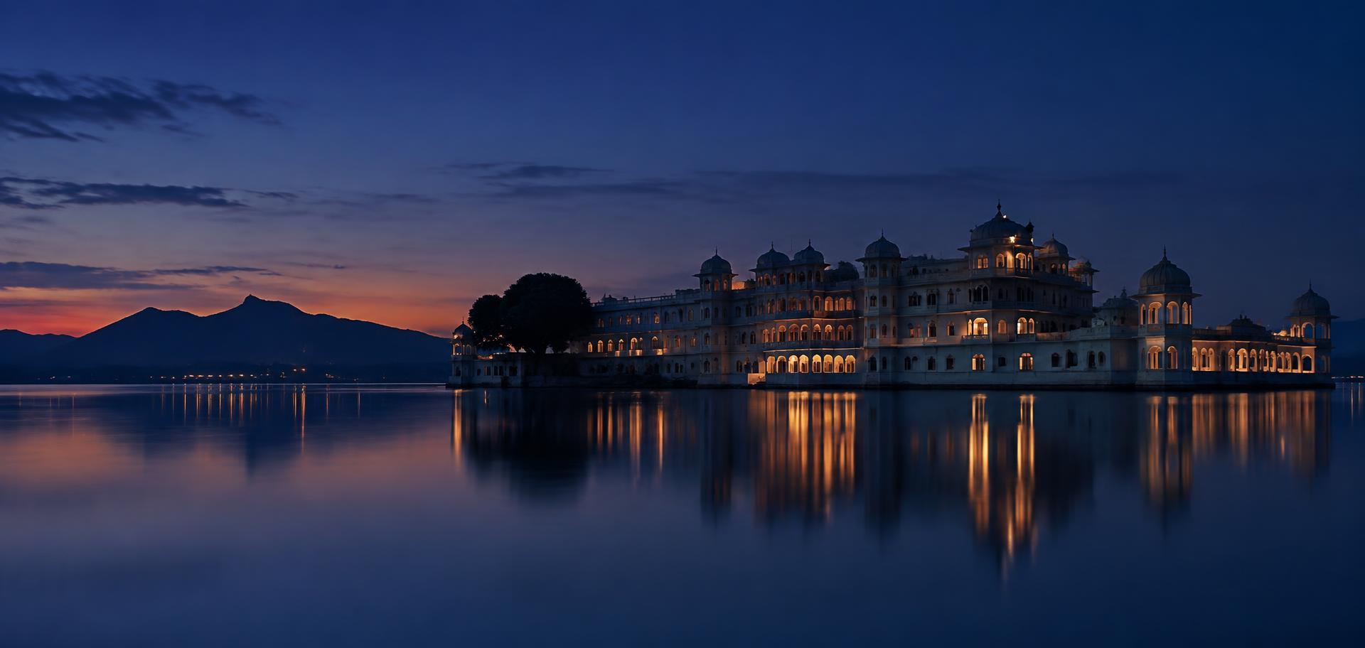 A lake at twilight under a deep blue sky